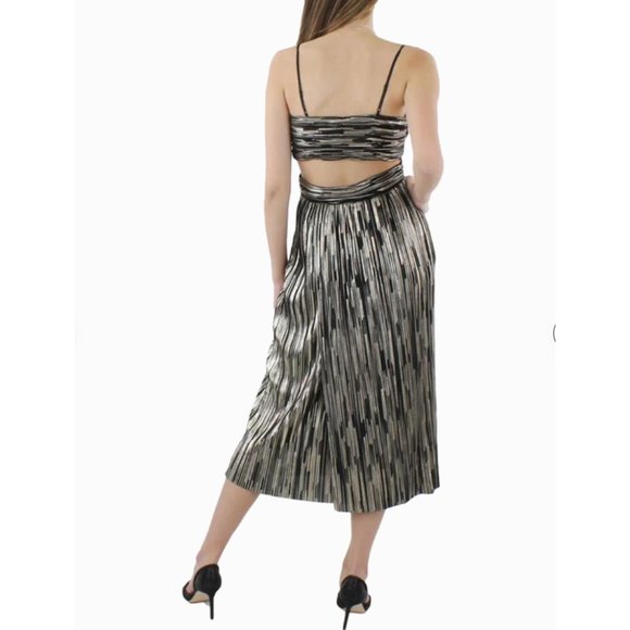 Aidan Mattox Metallic Striped V-Neck A-Line Midi Dress Party Cocktail Dress - Picture 7 of 10